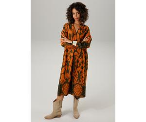 Blusenkleid ANISTON CASUAL, Damen, Gr. 50, N-Gr, bunt (dunkeloliv, terrakotta, marine), Web, Obermaterial: 100% Viskose, bedruckt, gemustert, figurumspielend kniebedeckend, V-Ausschnitt, Rippbündchen,