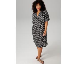 Blusenkleid ANISTON PLUS, Damen, Gr. 48, N-Gr, schwarz-weiß (schwarz, weiß), Web, Obermaterial: 100% Viskose, lässig geschnitten kniebedeckend, V-Ausschnitt, Kleider Blusenkleid, in trendigen Druck (3