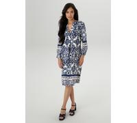 Blusenkleid ANISTON SELECTED, Damen, Gr. 40, N-Gr, bunt (hellblau, weiß, dunkelblau), Web, Obermaterial: 100% Viskose, bedruckt, gemustert, lässig geschnitten knieumspielend, V-Ausschnitt, Kleider Blu