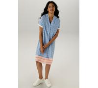 Blusenkleid ANISTON SELECTED, Damen, Gr. 44, N-Gr, blau (heillblau, weiß, orange), Web, Obermaterial: 100% Viskose, bedruckt, gemustert, figurumspielend kniebedeckend, V-Ausschnitt, angesetztes Bündch