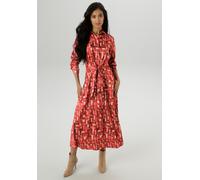 Blusenkleid ANISTON SELECTED, Damen, Gr. 44, N-Gr, hellrot, dunkelrot, beige, Satin, Obermaterial: 97% Polyester, 3% Elasthan, bedruckt, gemustert, figurumspielend wadenlang, 1-Knopf-Manschette, Kleid