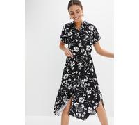 Blusenkleid BONPRIX, Damen, Gr. 38, N-Gr, schwarz, weiß floral, Web, Obermaterial: 100% Viskose, loose fit, Kleider Blusenkleid, feminin geschnitten, mit Hemdblusenkragen, Kurzarm, mit Bindeband (1893