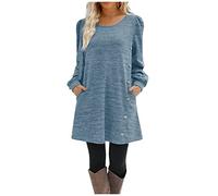 Blusenkleid Damen Brautkleid Kleid Festlich Rundhals Einfarbig Kleider Mit Knöpfen Langarm Kurz Freizeitkleid Taschen Abendkleid Warm Minikleid Herbst Winter Himmelblau XXL
