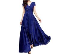 Blusenkleid Damen, Chiffonkleid Damen Elegant Hochzeitsgast Kleid mit V-Ausschnitt Strand Sommerkleid Lange Chiffon Wickelkleid Sommer Boho Maxikleid Leicht Frühlingskleid Kurzärm Strandkleid