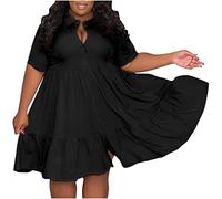 Blusenkleid Damen Einfarbiges A-Linien Kleid in Übergröße Einreihiges Hemdkleid Revers Kurzärmliges Sommerkleid Skaterkleid mit Rüschensaum Midikleid Partykleid Urlaub Strandkleid für Mollig XL-5XL