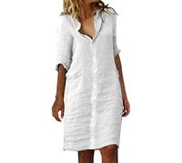 Blusenkleid Damen Leinenkleid Sommer mit Knopfleiste Kurzarm V-Ausschnitt Sommerkleid Damen Knielang Leinenkleider Baumwolle Leinen Kleider Casual Freizeitkleid Strandkleider Boho Kleid A-Linie Kleid