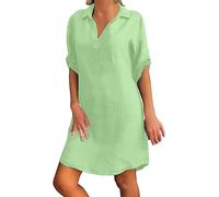 Blusenkleid Damen Midi, Sommer Leinenkleider Damen Elegant Sommerkleid Leicht Und Luftig Große Größen Frühling Strandkleid Polokleid Leinen a Linien Shirtkleid Boho Musselin Kleid Lässiges Sweatkleid