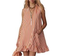 Blusenkleid Damen Sommer Kleid V-Ausschnitt Ärmellos Sommerkleider Damen Leicht Und Luftig Minikleid Gestreift Hemdblusenkleid Reißverschluss Vorne Sommerkleid A Linie Strandkleid