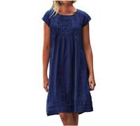Blusenkleid Damen Sommer Leinen Minikleid Knielang A Linie Kleid Rundhals Kurzarm Sommerkleid Leicht Vintage Leinenkleider Mode Einfarbig Strandkleider Hohe Taille Plissiert Kleider