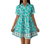 Blusenkleid Damen Sommer Swing Kleid A Linie Boho Sommerkleid Damen Elegant Strandkleid Casual Shirtkleid Kurzarm Sommerkleider Leicht Und Luftig Hemdblusenkleid Locker Minikleid