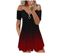 Blusenkleid Damen Sommerkleid Ärmel-Reißverschluss offener sexy kurzer Rücken Mode V-Ausschnitt lässige Riemenkleid Frauenkleid Retro Knielang Strandkleider