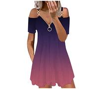 Blusenkleid Damen Sommerkleid Ärmel-Reißverschluss offener sexy kurzer Rücken Mode V-Ausschnitt lässige Riemenkleid Frauenkleid Retro Knielang Strandkleider