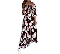 Blusenkleid Damen Sommerkleid Damen Druck Mode Kleid 3/4 Ärmel Kleid Temperament Taille Elegante Taille Slim-Fit Kleid Großes Swing Partykleid Retro Knielang Strandkleider