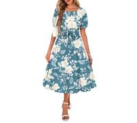 blusenkleid Damen Sommerkleid Damen Rundhals Puff Ärmel Stufenkleid Boho Blumenkleid Elegant Swing Tunika Kleid mit Taschen Leicht und Luftig Freizeitkleid mit Schnürung B Sky Blue XL