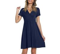 Blusenkleid Damen Sommerkleid Frauen Sommer Freizeitkleid Kurzarm Taschen V-Ausschnitt Kleid Lose Bequeme Strand Elegante Lose Sommerkleid Retro Knielang Strandkleider