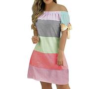 Blusenkleid Damen Sommerkleid Freizeitkleid Sommer Schulterfrei Druck Sexy Elegantes Kleid Striped Lace Up Kurzarm Minikleid Retro Knielang Strandkleider