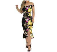 Blusenkleid Damen Sommerkleid Lose Modekleid Schulter einheitlicher Druck Frauen Rassel Kaltkleid Blumenstrümpfe Frauenkleid Retro Knielang Strandkleider
