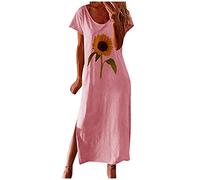 Blusenkleid Damen Sommerkleid Lose Split O-Ausschnitt Sonnenblume Frauen Ärmeln Mode lässige Bedruckte Seitenkleid kurz für Frauen Retro Knielang Strandkleider