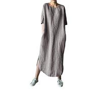 Blusenkleid Damen Sommerkleid Mode Frauen Feste farbige Baumwolle Leinen Langarm-O-Ausschnitt Falte Freizeitkleid Retro Knielang Strandkleider