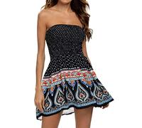 Blusenkleid Damen Sommerkleid Strand Damen Casual Trägerloses Kleid Sommer Print Bohemian Floral Chest Wrap Damen Freizeitkleid Retro Knielang Strandkleider