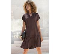 Blusenkleid LASCANA, Damen, Gr. 34, N-Gr, dunkelbraun, Web, Obermaterial: 100% Viskose, unifarben, figurumspielend ca. Mitte Oberschenkel, V-Ausschnitt, Kleider Blusenkleid, mit Volant am Rock (323046