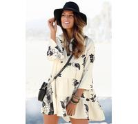 Blusenkleid LASCANA Gr. 40/42, N-Gr, schwarz (creme, schwarz) Damen Kleider Strandkleider in weiter Form mit Volants und Blumenprint, Tunikakleid, Strandkleid (29638813-40)