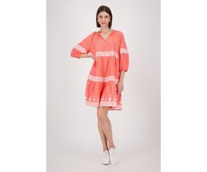 Blusenkleid MONARI "Kleid Stickerei", Damen, Gr. 44, N-Gr, rot (coral), Web, Obermaterial: 58% Baumwolle, 42% Modal, unifarben, regular fit ca. Mitte Oberschenkel, Rundhals, eingesetzt angesetztes Bün