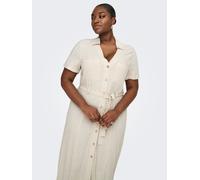 Blusenkleid ONLY CARMAKOMA "CARSIESTA SS LIN BL SHIRT DRESS PNT NOOS", Damen, Gr. 54, N-Gr, beige (moonbeam), Web, Obermaterial: 80% Viskose, 20% Leinen, unifarben, regular fit lang, V-Ausschnitt, Kle