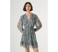 Blusenkleid PEPE JEANS "LONDYN DRESS", Damen, Gr. L, N-Gr, blau, Chiffon, Obermaterial: 100% Polyester, geblümt, mini, Rundhals, elastischer Bund, Kleider Blusenkleid, tailliert, mit elastischem Bündc