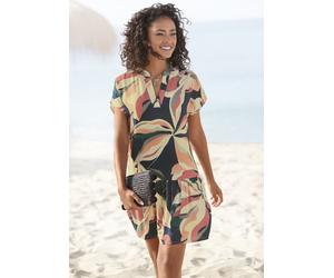 Blusenkleid S.OLIVER, Damen, Gr. 36, N-Gr, bunt (marine, koralle bedruckt), Web, Obermaterial: 100% Viskose, bedruckt, figurumspielend ca. Mitte Oberschenkel, V-Ausschnitt, Kleider Blusenkleid, mit Vo