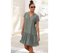 Blusenkleid S.OLIVER, Damen, Gr. 48, N-Gr, grün (khaki), Web, Obermaterial: 100% Viskose, unifarben, modisch, figurumspielend ca. Mitte Oberschenkel, V-Ausschnitt, Kurzarm, Kleider, mit Volant am Rock