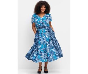 Blusenkleid SHEEGO BY JOE BROWNS "Kleid", Damen, Gr. 48, Normalgrößen, blau (blau gemustert), 100% Viskose, bedruckt, geblümt, gemustert, mehrfarbig, wadenlang, V-Ausschnitt, Kleider Blusenkleid (8261