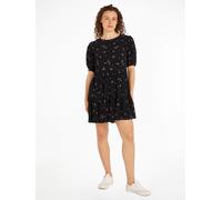 Blusenkleid TOMMY JEANS "TJW BLACK FLORAL TIERD DRESS EXT", Damen, Gr. XL (42), N-Gr, schwarz (schwarz mountain floral), Web, Obermaterial: 100% Viskose, bedruckt, regular fit, Rundhals, Kleider Bluse
