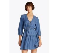 Blusenkleid TOMMY JEANS "TJW CHAMBRAY MINI DRESS EXT", Damen, Gr. XS (34), N-Gr, blau (denim medium), Web, Obermaterial: 100% Lyocell, unifarben, ausgestellt mini, V-Ausschnitt, elastischer Bund, Klei
