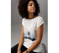 Blusenshirt ANISTON SELECTED, Damen, Gr. 46, weiß (weiß, hellblau, dunkelblau), Crêpe, Obermaterial: 97% Polyester, 3% Elasthan. Rücken: 95% Viskose, 5% Elasthan, bedruckt, figurumspielend hüftbedecke