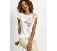Blusenshirt BONPRIX, Damen, Gr. 40/42 (M), wollweiß bedruckt, Jersey, Obermaterial: 98% Polyester, 2% Elasthan. Obermaterial 2: 95% Viskose, 5% Elasthan, bedruckt, figurumspielend hüftbedeckend, Rundh