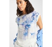 Blusenshirt BONPRIX, Damen, Gr. 44/46 (L), weiß (wollweiß, blau geblümt), Obermaterial: 98% Polyester, 2% Elasthan. Obermaterial 2: 95% Viskose, 5% Elasthan, gemustert, figurumspielend, Rundhals, Shir