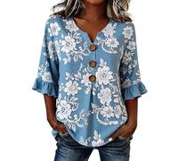 blusenshirt Damen 3/4 arm Comma Bluse Sommer 3/4 Ärmel Rüschen Shirt Blumenmuster Druck Boho Blusenshirt Casual Langarm Oberteile Baggy Henley Hemdbluse Shirt Damen elegant Kurzarm