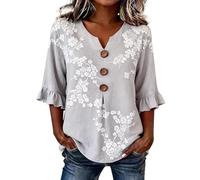 blusenshirt Damen 3/4 arm Comma Bluse Sommer 3/4 Ärmel Rüschen Shirt Blumenmuster Druck Boho Blusenshirt Casual Langarm Oberteile Baggy Henley Hemdbluse Oversize Shirt Damen Print cool