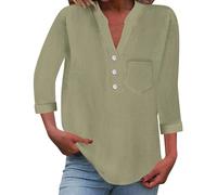 Blusenshirt Damen 3/4 arm Elegant Leinenbluse V-Ausschnitt Leinenshirt Button-Down Musselin Bluse Leicht Luftig Leinen Shirt Locker Leinenhemd Sommer T-Shirt Weicher Hemdbluse Casual Strand T-Shirt