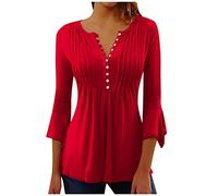 Blusenshirt Damen 3/4 Arm V-Ausschnitt Plissee Ausgefallene Bluse Einfarbiges Trompetenärmel Dreiviertelarm Shirt a Linien Sommer Festliche Oberteile Casual Longshirt