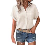 Blusenshirt Damen Lässige Oberteile Fledermausärmel Gepatchtes Hemd Lässiges Arbeits-T-Shirt Doppellagiger Knittriger Stoff Long Tshirt Longshirt Basic Leinen Shirt Oversized Baumwolle Beige 3XL