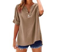 Blusenshirt Damen Langarm Shirt Top Stand Solid Color Sleeve Collar Casual Women's Tshirt Frauen T-Shirt Oversize Baumwolle Baumwoll Bluse Sommer Leinen Damenblusen Kurzarm Oberteile Mode Für Khaki