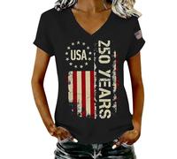 Blusenshirt Damen Mit V-Ausschnitt Und Aufdruck Zum 250-Jährigen Jubiläum Patriotisches T-Shirt Jubiläum Shirt Kurzarm T Baumwolle Longshirt Shirts Sommer 3/4 Arm Schlupfbluse Leinen Bluse Schwarz L