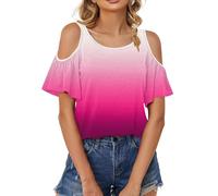 Blusenshirt Damen Schulterfreies U Ausschnitt Tshirt Druck Top Rüschen Kurze Ärmel Oberteil Casual Oversize Shirt Sexy Sommer Tunika Trendy Blusen Elegant Blouse Damen Oberteile(#C Hot Pink,S)