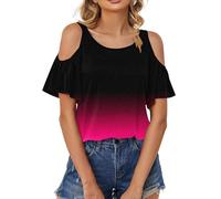 Blusenshirt Damen Schulterfreies U Ausschnitt Tshirt Druck Top Rüschen Kurze Ärmel Oberteil Casual Oversize Shirt Sexy Sommer Tunika Trendy Blusen Elegant Blouse Damen Oberteile(#C Red,XXL)