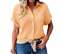 Blusenshirt Damen Sommer Sommerblusen Damen Leicht und Luftig Tops für Sommer | Elegant Bluse mit Tasche Kurzarm Shirt Einfarbig Musselin Oberteile Elegant L B Orange