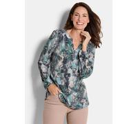 Kurzarmbluse GOLDNER "Elegantes Blusenshirt mit V-Ausschnitt", Damen, Gr. 42, grün (petrol, gemustert), Obermaterial: 95% Polyester PES. 5% Elasthan EL., Gummibündchen, Blusen, Schulterpasse mit Kräus