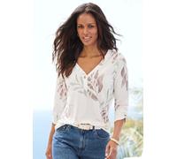 Blusenshirt LASCANA "mit Knopfdetails", Damen, Gr. 44/46, creme bedruckt, Single Jersey, Obermaterial: 65% Polyester (REPREVE), 35% Viskose, bedruckt, figurumspielend normal, V-Ausschnitt, mit Knopf 1