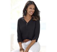 Blusenshirt LASCANA "mit Knopfdetails", Damen, Gr. 48/50, schwarz, Single Jersey, Obermaterial: 65% Polyester (REPREVE), 35% Viskose, unifarben, figurumspielend normal, V-Ausschnitt, mit Knopf 1-Knopf